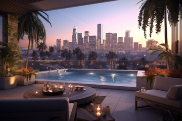 A luxurious penthouse balcony with a pool overlooking Los Angeles, showcasing the iconic skyline, palm trees, and a breathtaking sunset, creating a serene and elegant ambiance. Generative AI - obrazy, fototapety, plakaty