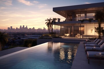 Fototapeta na wymiar A stylish and sophisticated penthouse pool area in a Los Angeles villa, boasting mid-century modern architecture, sleek lines, and panoramic views of the city. Generative Ai