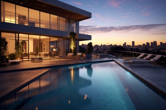 A stylish and sophisticated penthouse pool area in a Los Angeles villa, boasting mid-century modern architecture, sleek lines, and panoramic views of the city. Generative Ai