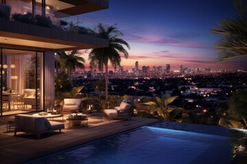 Fototapeta premium A sprawling penthouse terrace with a pool, surrounded by lush tropical gardens and offering breathtaking views of Los Angeles, capturing the essence of luxury living. Generative AI