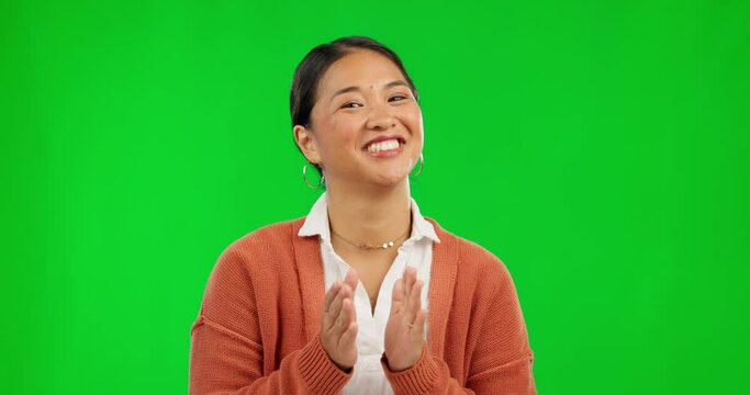 Teacher, report card and woman on green screen with good results, passing grade and success. Celebration, education and portrait of Asian female person with feedback from class, school and learning