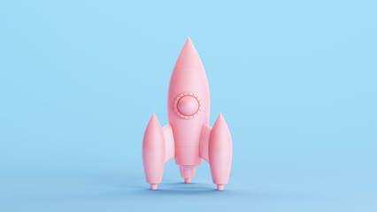 Pink Space Rocket Toy Spaceship Simple 3d 1950s Retro Kitsch Blue Background 3d illustration render digital rendering - 615529253