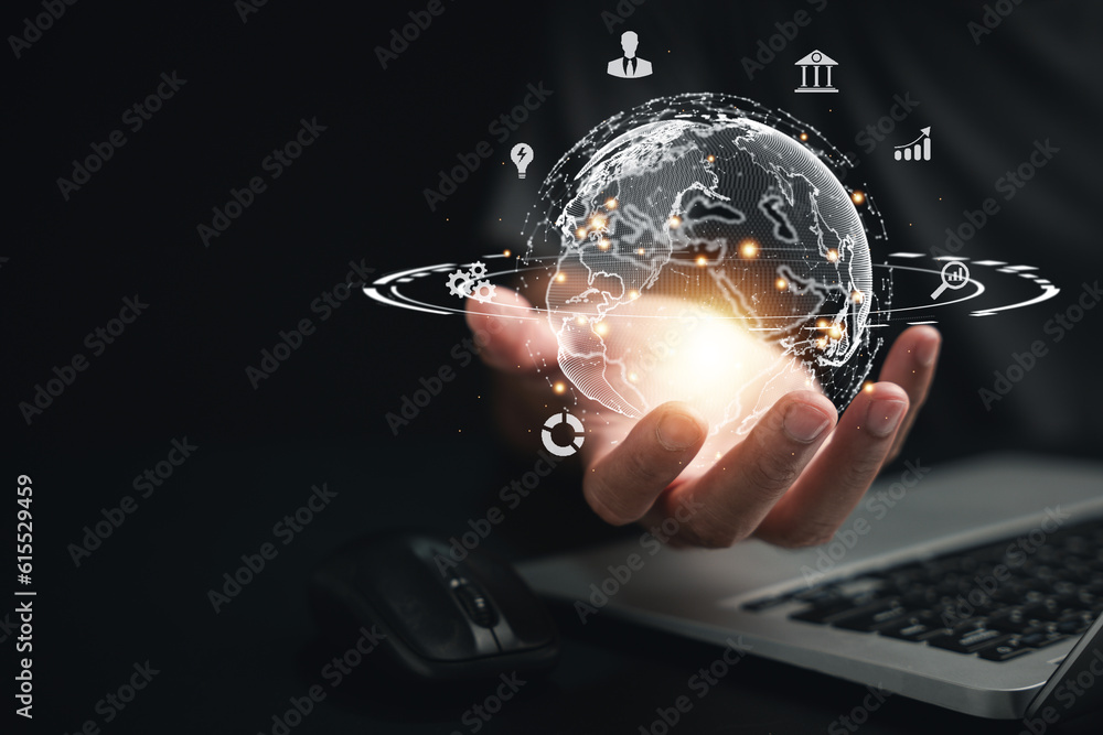 Poster digital link tech and big data concept. man's hand holding virtual global internet connection in the