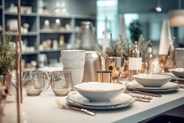 Ceramic dishes on the table in the store. Super photo realistic background, generative ai 3d illustration