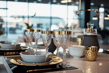 Fototapeta premium Ceramic dishes on the table in the store. Super photo realistic background, generative ai 3d illustration