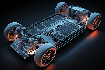 ai generated illustration Electric car under carriage chassis. - obrazy, fototapety, plakaty