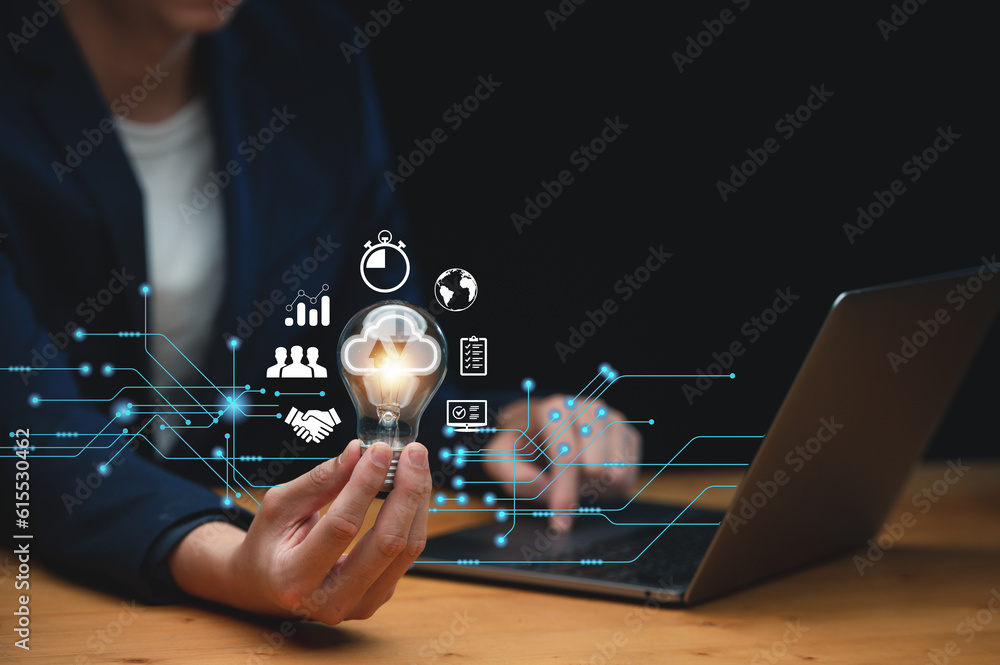 Poster man holding light bulb, global internet connection global internet connection application technology