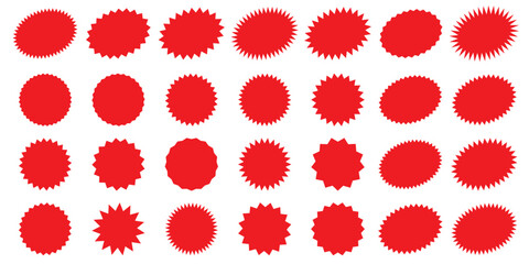 Set of red starburst, sunburst badges. Design elements - best for sale sticker, price tag, quality mark. Flat vector illustration isolated on white background.