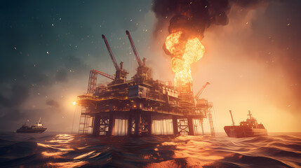 Oil rig burning, Gas fire explosion on at sea water, sunset light. Accident on offshore petroleum platform. Generation AI
