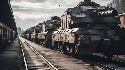 Transportation echelon of military equipment with battle tanks. Generation AI.