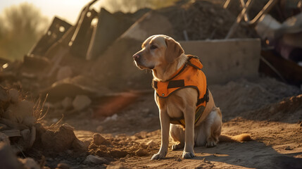Obraz na płótnie Canvas Rescue service dog working destroyed houses after the earthquake incident, search people. Generation AI