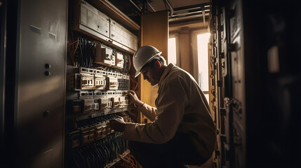 Man electrician works in a switchboard with an electrical connecting cable, dark background. Generation AI