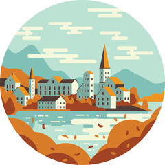 Fototapeta na wymiar A detailed flat circle illustration showcasing the charm of a picturesque European village. This captivating artwork captures the essence of cobblestone streets, quaint architecture, and a cozy atmosp