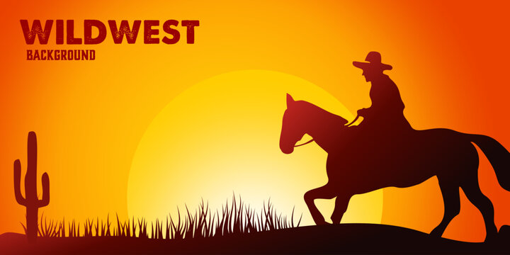 Silhouette of Cowboy riding horses at sunset vector. Wild west landscape background.