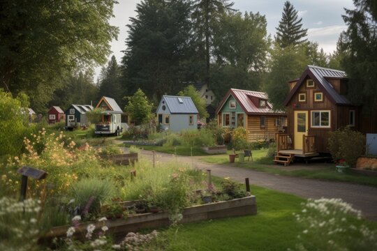 tiny home community of like-minded people, living peacefully and in harmony with nature, created with generative ai