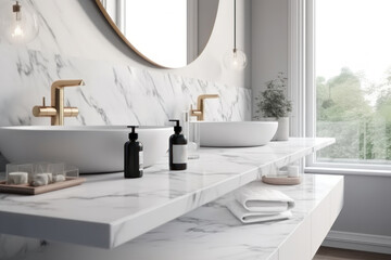 Interior design, marble bathroom. Sinks and window. AI generative. - obrazy, fototapety, plakaty