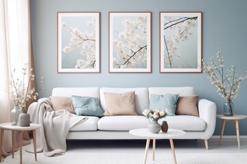Modern Scandinavian style living room interior, wooden picture frame, poster mockup. Pastel colors. Elegant stylish minimal home decor. Generative AI