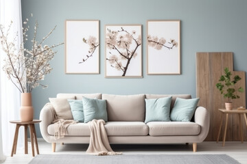 Modern Scandinavian style living room interior, wooden picture frame, poster mockup. Pastel colors. Elegant stylish minimal home decor. Generative AI