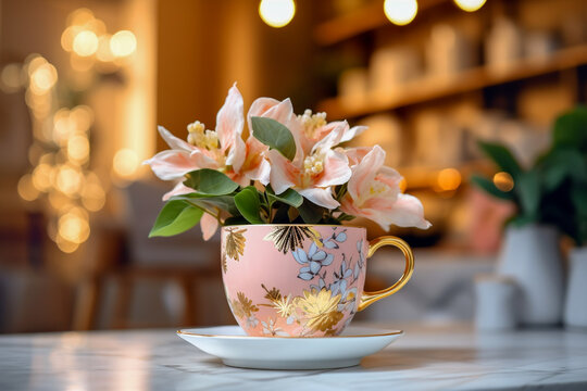 Ceramic cup on the table in the store with flowers. Super photo realistic background, generative ai 3d illustration