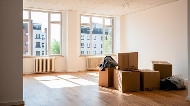 Empty floor with cardboard boxes. White walls, parquet floor and natural light. Moving, sale and purchase of real estate, real estate and new home. Generative ai.