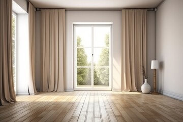 Empty white room mock up with white window, and wooden floor. Generative AI