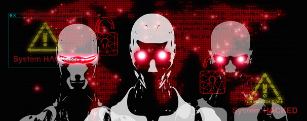 Fototapeta na wymiar AI is a threat to humans. Artificial Intelligence, godlike, has the potential to destroy the human race and extinction risk. Robots with red eyes look at you on a red world map background.