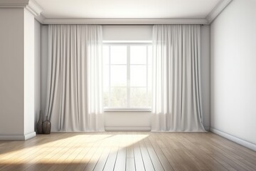 Empty white room mock up with white window, and wooden floor. Generative AI