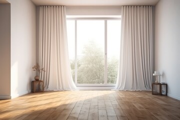 Fototapeta premium Empty white room mock up with white window, and wooden floor. Generative AI