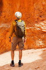 Fototapeta na wymiar Hiker in Bryce canyon looking on the rock formations, view from the back