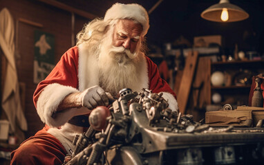 Obraz premium Santa Claus is tuning the engine of the snowmobile