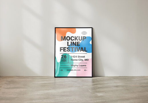 Mockup of customizable vertical frame for poster size 61 x 91.5cm propped up against wall