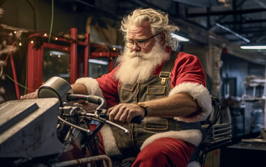 Fototapeta na wymiar Santa Claus is tuning the engine of the snowmobile