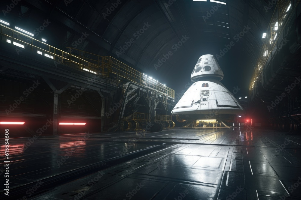 Wall mural shot of a futuristic spacecraft sitting on a launch pad in space, created with generative ai