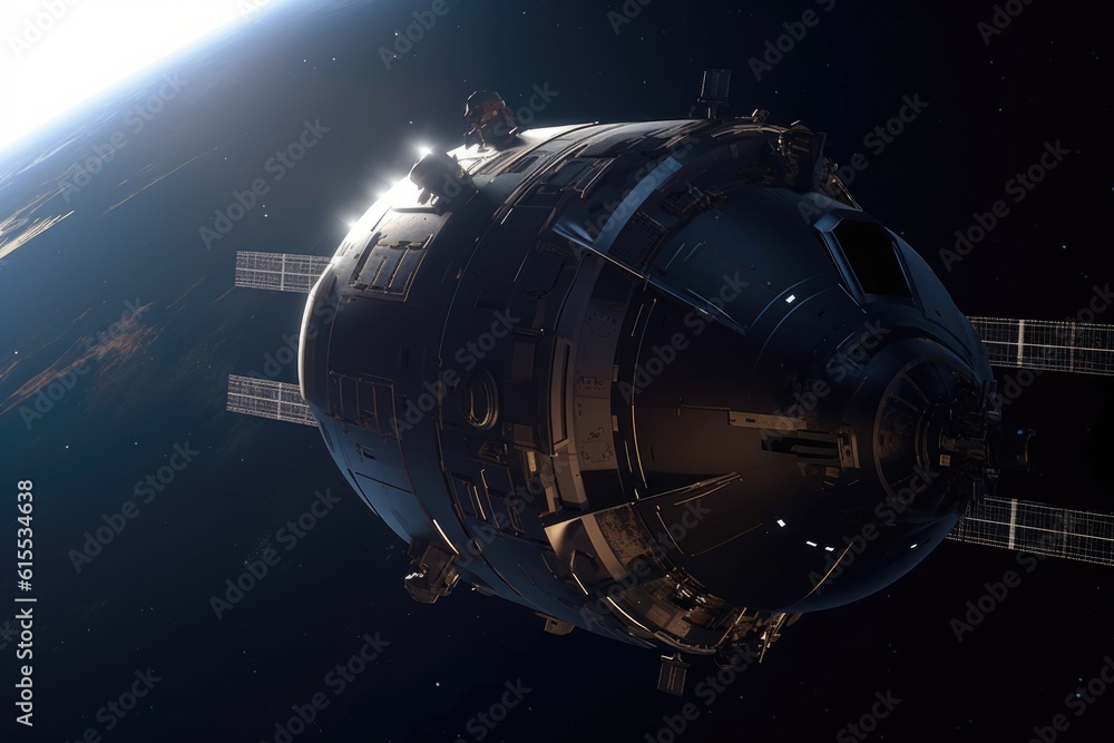 Poster shot of a futuristic spacecraft parked in space, created with generative ai
