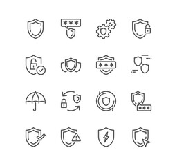 Set of defense related icons, warranty, computer security, shield, umbrella, protection and linear variety vectors.