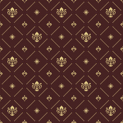 Seamless vector pattern. Modern geometric brown and golden ornament with royal lilies. Classic background - 615536229