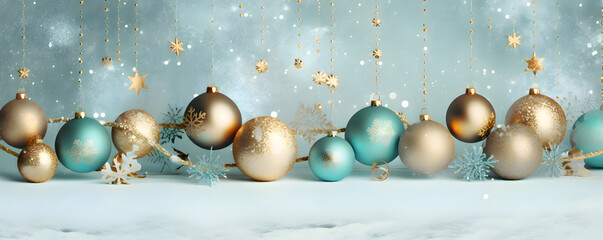 Fototapeta na wymiar Christmas balls and glitter banner background - festive celebration theme