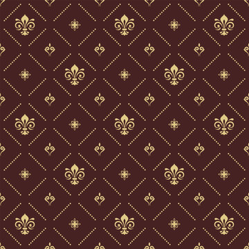 Seamless vector pattern. Modern geometric brown and golden ornament with royal lilies. Classic background