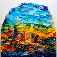 Small Village Made of Colorful Plastic Waste, Abstract Painting, Mosaic Mixed-Media Collage, Made of Rubber, Created with Generative AI Technology