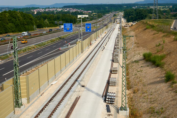 ICE high-speed line. New rail construction on the A8 Highway. Wendlingen, Ulm.