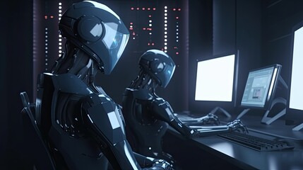 two robots working on a computer technology concept