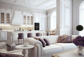 Interior of luxury home, art deco modern trendy living room in white colors kitchen and living room, mock up, ai generative