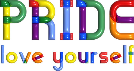 3D Pride love yourself typographic design on white background. Geometric Pride 3D Text with pride rainbow colors. 