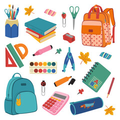 Set of school supplies. Backpacks, textbooks, calculator, pencil case, paints, pencils, markers, notebook, clip. Hand drawn vector illustration isolated on white background. Modern flat cartoon style. - obrazy, fototapety, plakaty