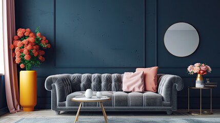 Modern living room interior with gray sofa, ai generative