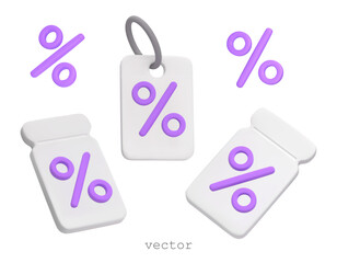 3D Vector Gift tags, Coupon, Labels. For Marketing, promotion, discount, sale, shopping online, discount coupon of cash. Vector 3d price tags icon In Plasticine Cartoon Style Isolated On White - obrazy, fototapety, plakaty