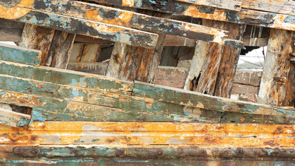 Part of the bow of shipwreck with peeled paint in the ship graveyard of Camaret-sur-Mer, Finisterre, Brittany, France