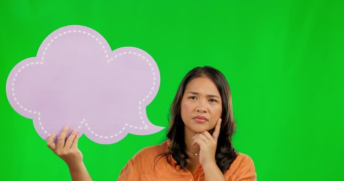 Asian woman, thinking and speech bubble on green screen for question or idea against a studio background. Portrait of thoughtful female person in think, choice or decision with icon for social media