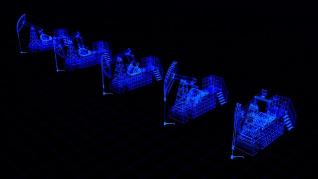 A group of five oil pumps extracts oil and gas from the bowels of the earth. The pumps swing unevenly and are presented in the form of a frame of drawn lines and a neon structure. Loop.
