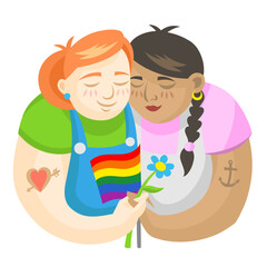 LGBT Girls in love holding rainbow flag and flower - vector illustration. LGBT pride Gay and Lesbian concept